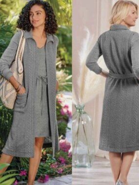 Soft Surroundings Twila Long Cable Knit Open Duster Vest SMALL PETITE, GREY